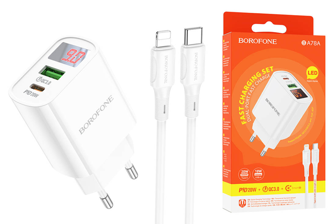 Сетевое зарядное устройство USB + USB-C + кабель Lightning - Type-C BOROFONE BA78A Golden charger PD