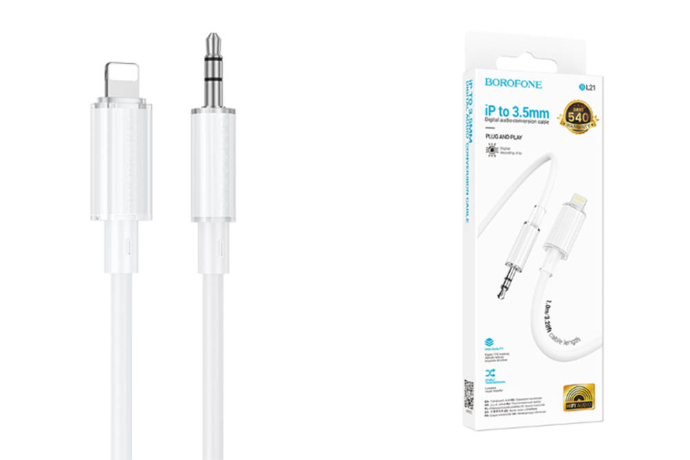 Кабель аудио BOROFONE BL21 (штекер Lightning - штекер AUX) Lemon digital audio conversion cable (бел