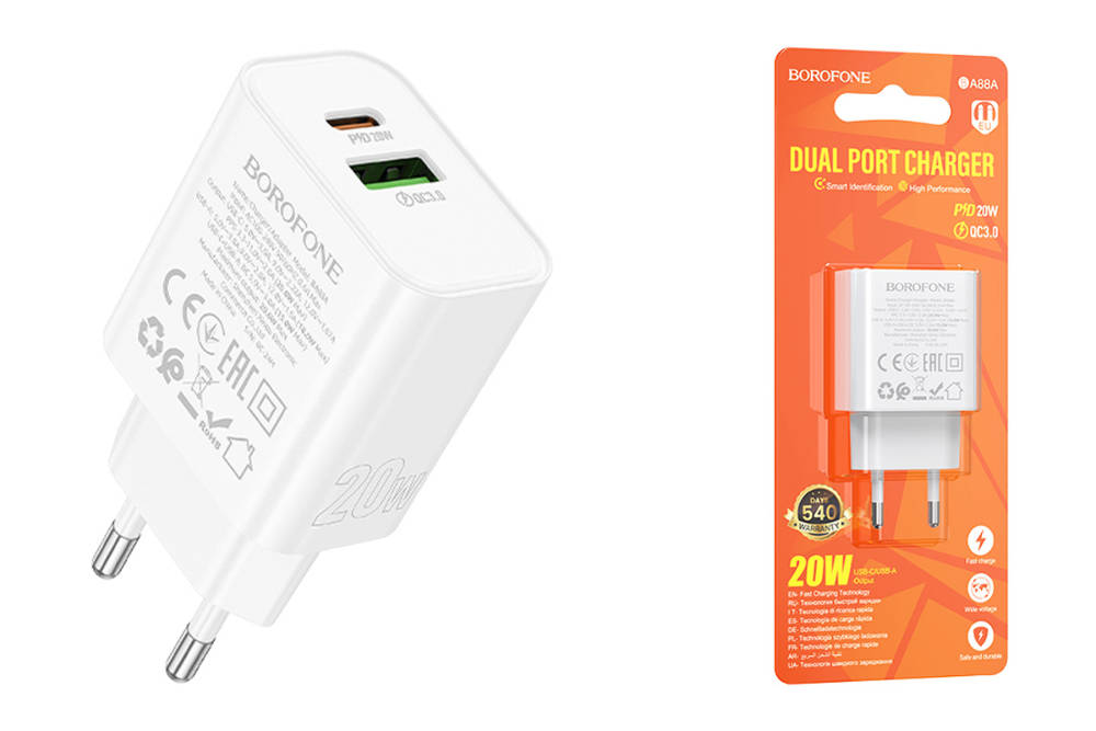 Сетевое зарядное устройство USB-C BOROFONE BA88A PD20W QC3.0 (белый)