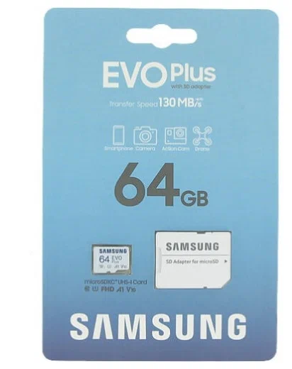 Карта памяти MicroSD Samsung Evo Plus 64GB cl10 U1 + SD, R/W 130 MB/s, MB-MC64KA/EU