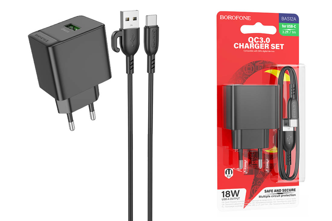 Сетевое зарядное устройство USB + кабель MicroUSB BOROFONE BAS12A  QC3.0 (черный)