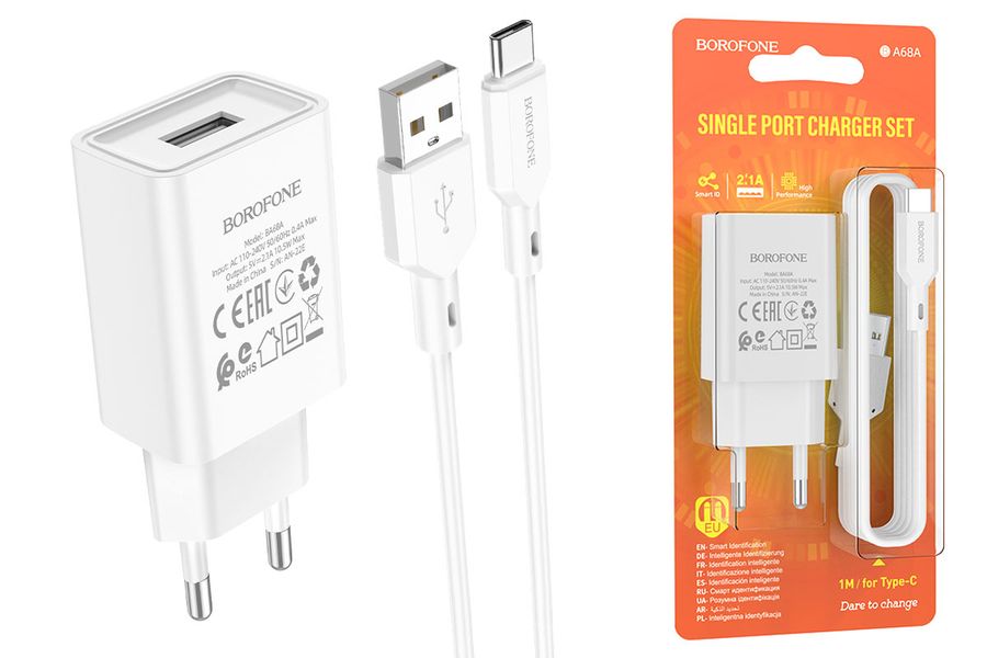 Сетевое зарядное устройство USB + кабель Type-C BOROFONE BA68A Glacier (белый)