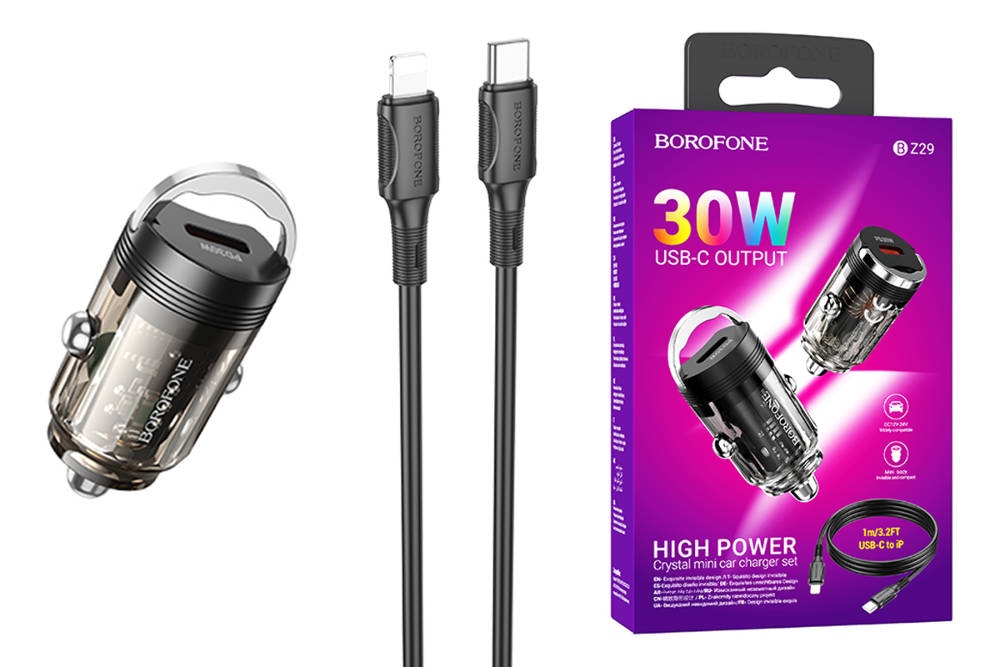 Автомобильное зарядное устройство АЗУ USB-C + кабель Lightning BOROFONE BZ29 Ray single port PD30W (