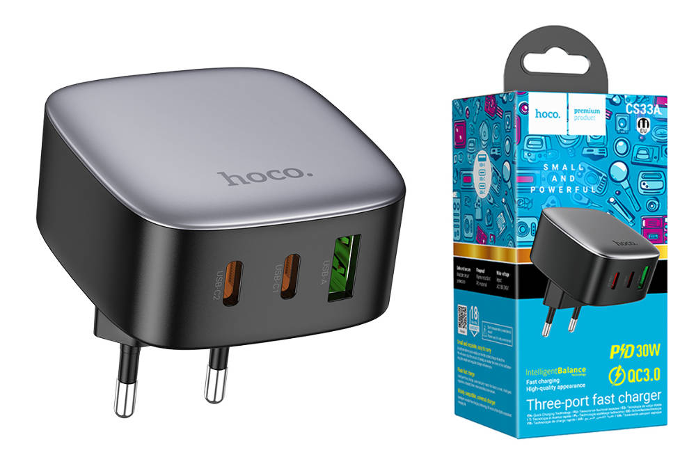 Сетевое зарядное устройство USB + 2USB-C HOCO CS33A PD30W+ QC3.0 (черный)