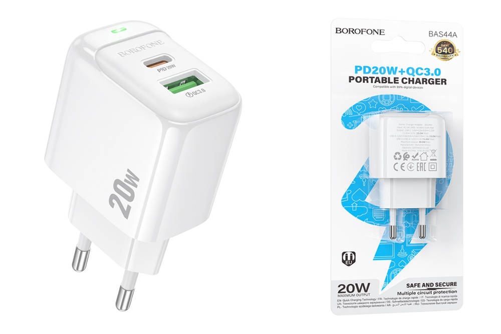 Сетевое зарядное устройство USB + USB-C BOROFONE BAS44A Potential PD20W+QC3.0 (белый)