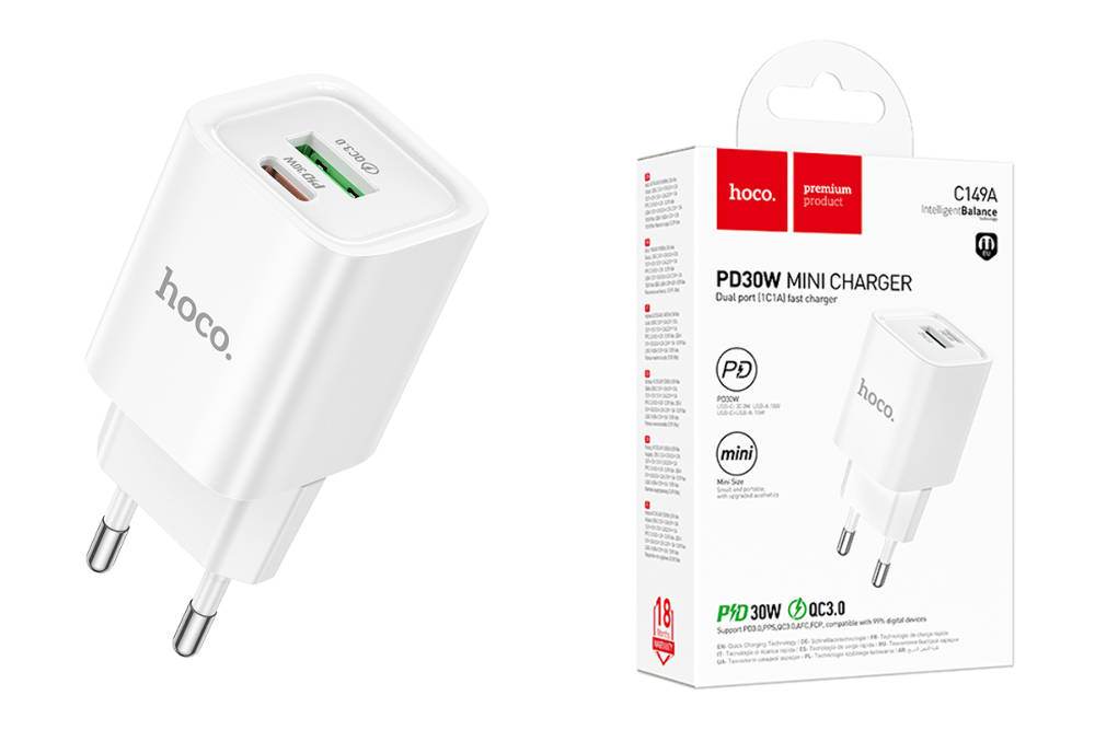 Сетевое зарядное устройство USB + USB-C HOCO C149A PD 30W+QC3.0 (белый)
