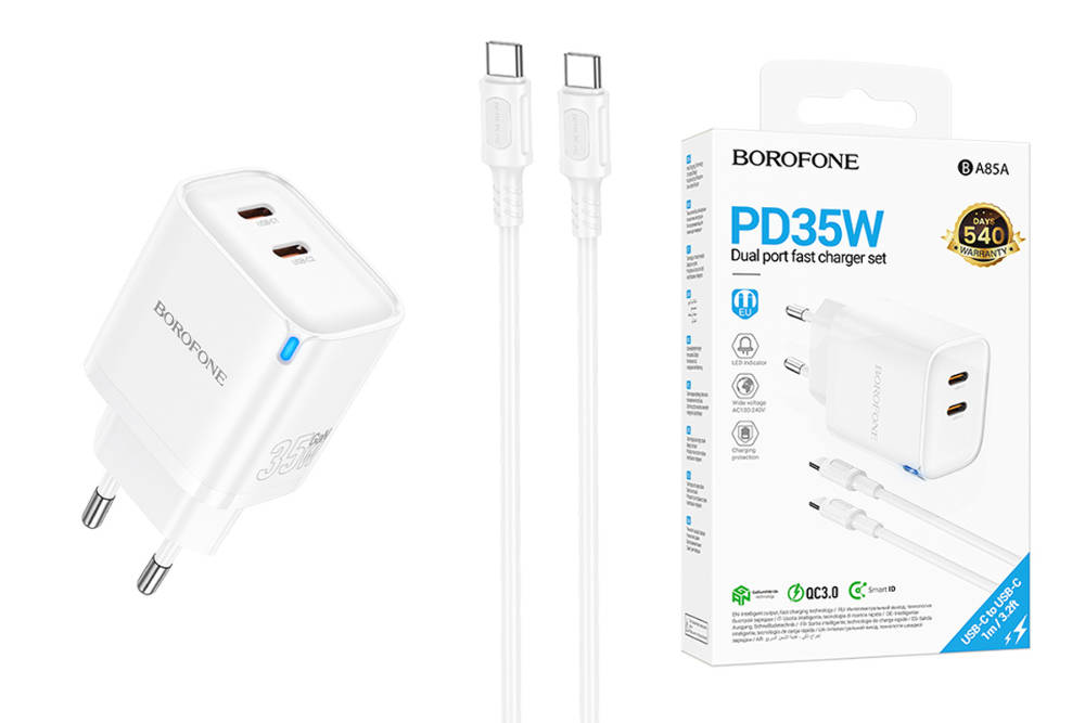 Сетевое зарядное устройство USB-C+ кабель Type-C - Type-C BOROFONE BA85A PD35W (белый)
