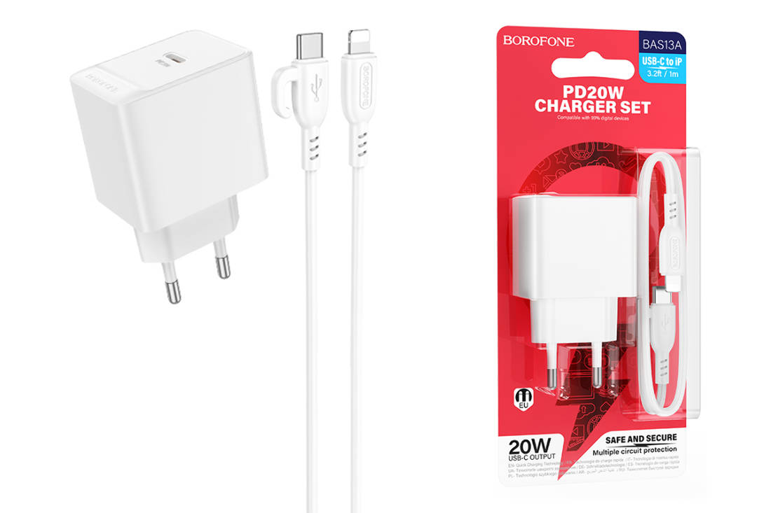 Сетевое зарядное устройство USB-C + кабель Lightning - Type-C BOROFONE BAS13A Erudite PD20W (белый)