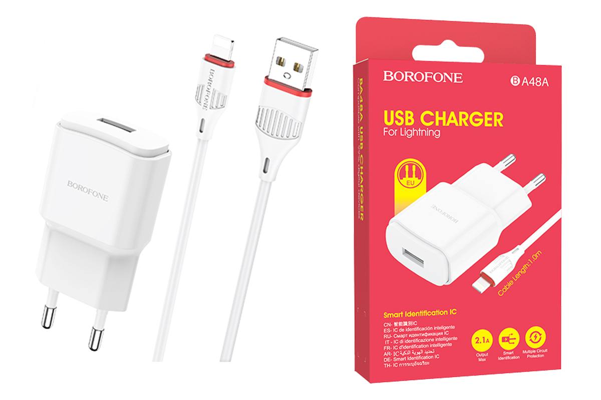 Сетевое зарядное устройство USB + кабель Lightning BOROFONE BA48A single port charger set (белый)