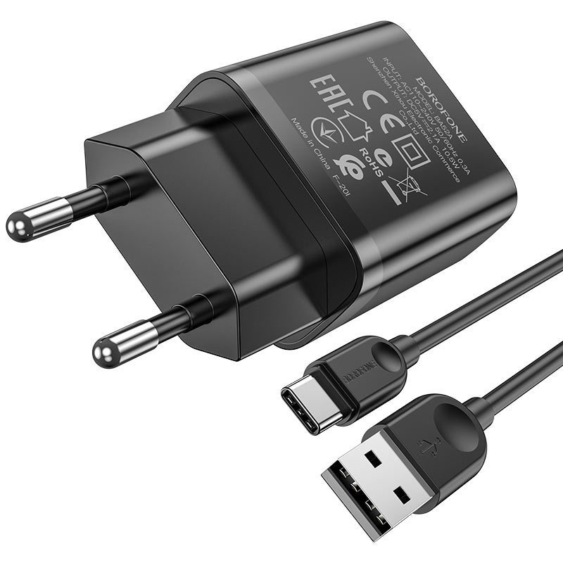 Сетевое зарядное устройство USB + кабель Type-C BOROFONE BA52A Gamble 2100 mAh (черный)