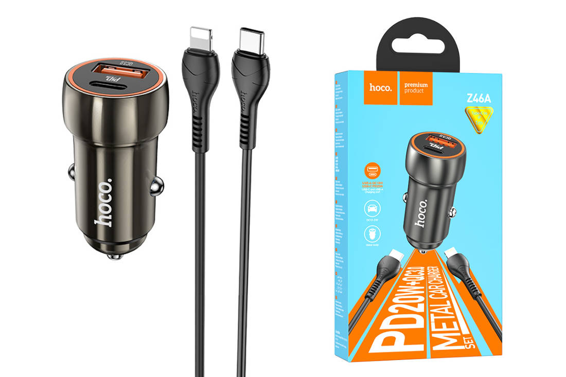 Автомобильное зарядное устройство АЗУ USB + Type-C + кабель Type-C HOCO Z46A Blue PD20W + QC3.0 (сер