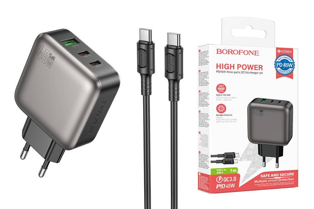 Сетевое зарядное устройство USB-C+ кабель Type-C - Type-C BOROFONE BAS56A PD45W (черный)