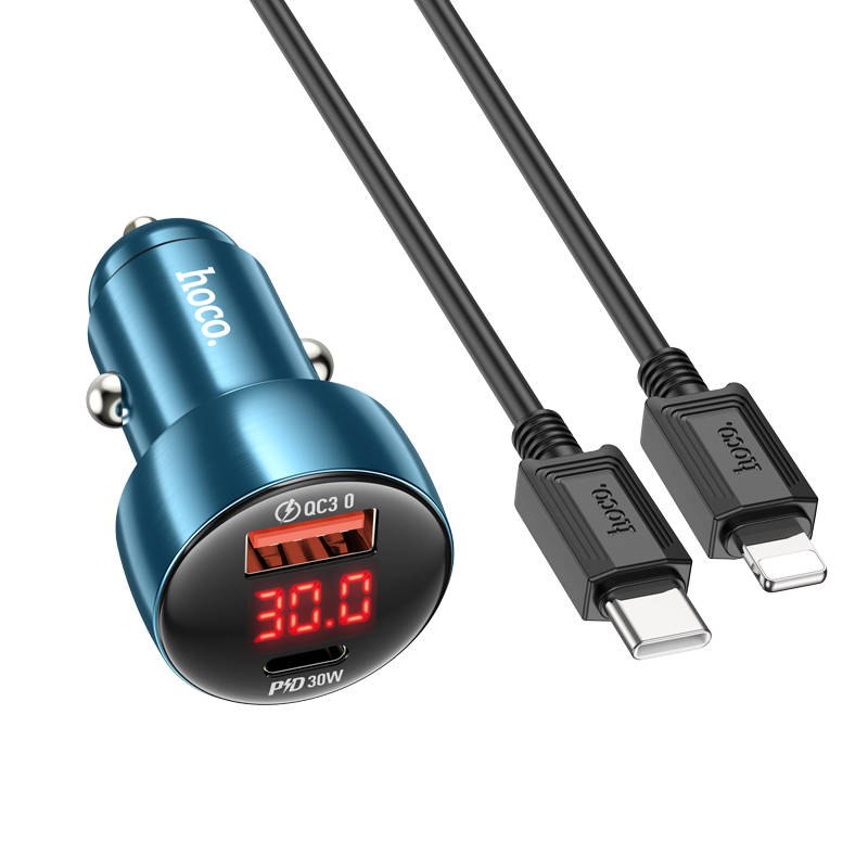 Автомобильное зарядное устройство USB + USB-C + кабель Lightning HOCO Z50 Leader PD30W + QC3.0 (