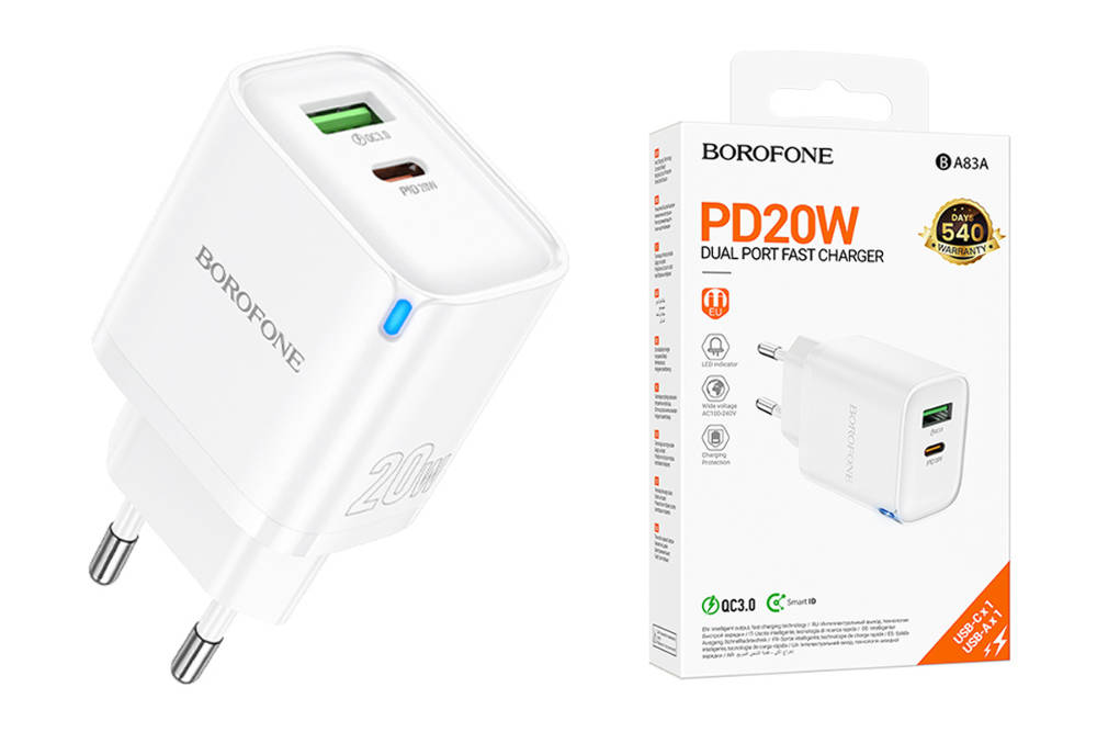 Сетевое зарядное устройство USB-C BOROFONE BA83A PD20W QC3.0 (белый)