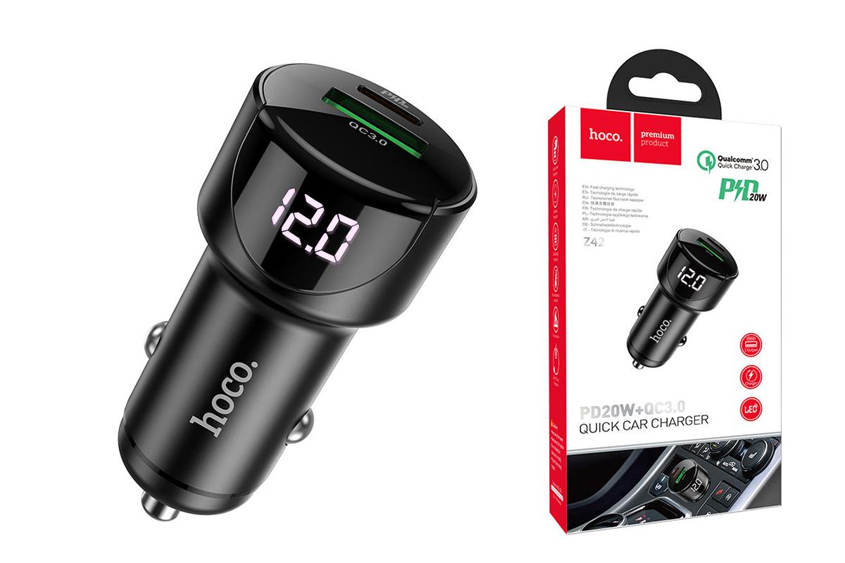 Автомобильное зарядное устройство АЗУ USB + Type-C HOCO Z42 Light road PD20W+QC3.0 (черный)
