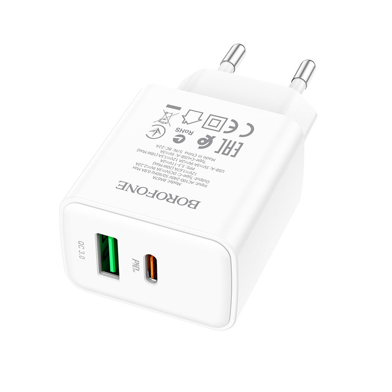 Сетевое зарядное устройство USB + USB-C BOROFONE BA67A Resource PD+ QC 3.0 (белый)