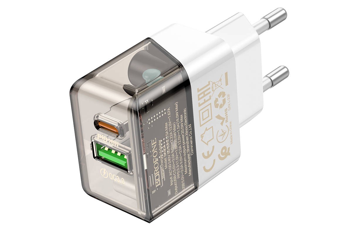 Сетевое зарядное устройство USB-C + USB BOROFONE BA80A PD 20W + QC3.0 (прозрачный)