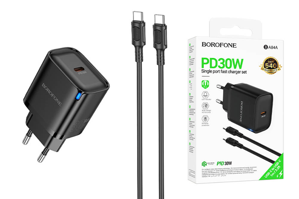Сетевое зарядное устройство USB-C+ кабель Type-C - Type-C BOROFONE BA84A PD30W (черный)