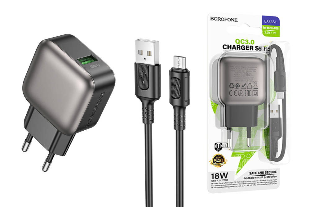 Сетевое зарядное устройство USB + кабель MicroUSB BOROFONE BAS52A QC3.0 (черный)
