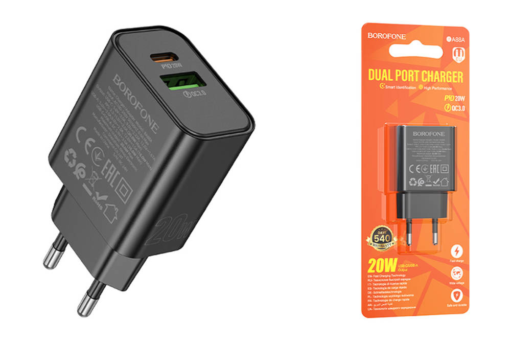 Сетевое зарядное устройство USB-C BOROFONE BA88A +кабель PD20W QC3.0 (черный)