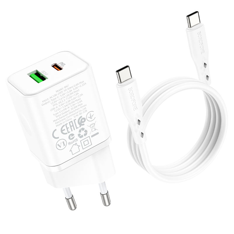 Сетевое зарядное устройство USB + USB-C BOROFONE BN7 PD20W+ QC3.0 (белый)