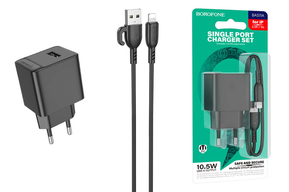 Сетевое зарядное устройство USB + кабель Lightning BOROFONE BAS11A Erudite  (черный)