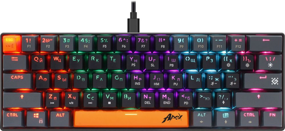 Клавиатура механическая Defender Apex GK-002 RU (черн.), USB, 61кл, 3цв./радужная подсветка, красные
