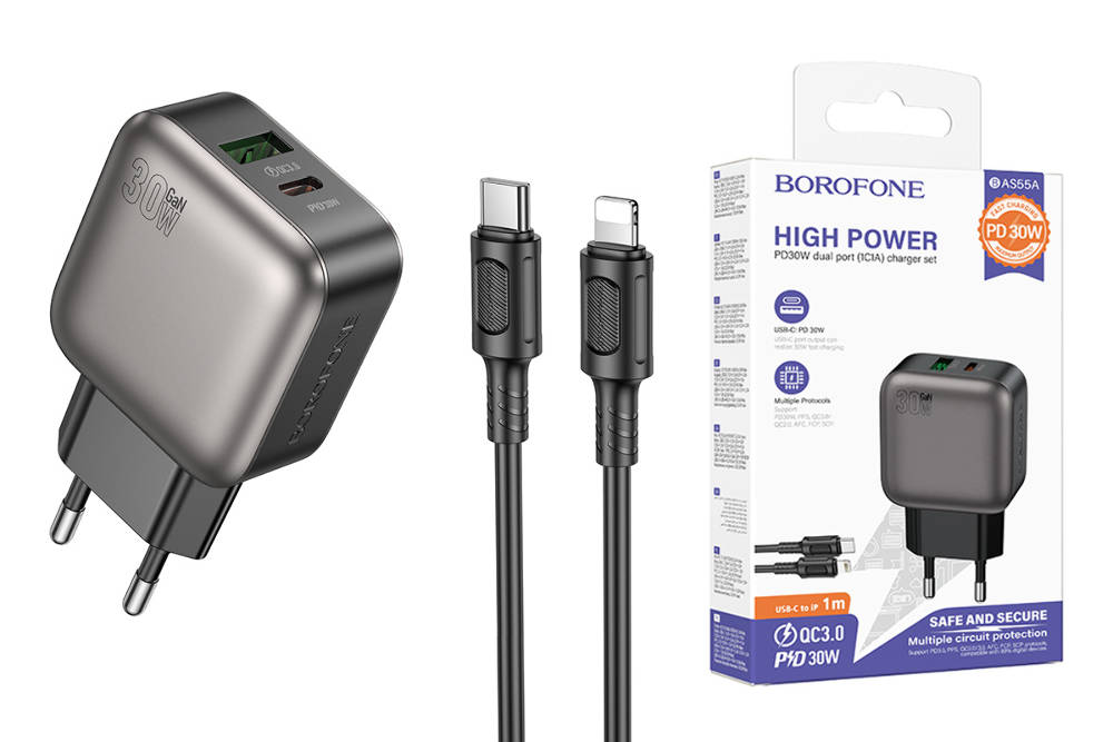 Сетевое зарядное устройство USB-C + кабель Lightning - Type-C BOROFONE BA98A PD30W (черный)