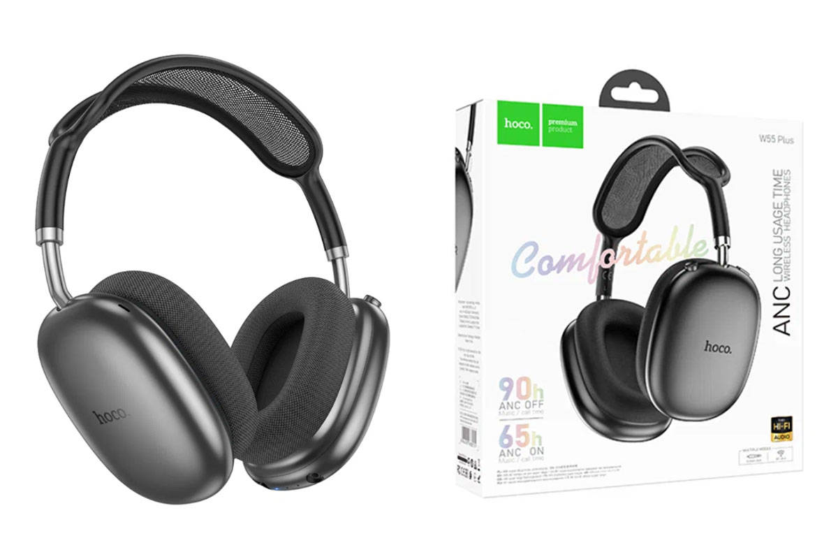 Наушники мониторные беспроводные HOCO W55 Plus Happiness ANC noise reduction (глубокий серый космос)