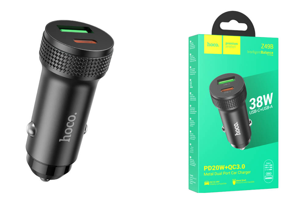 Автомобильное зарядное устройство АЗУ USB + Type-C HOCO Z49B PD38W+QC3.0 (черный)