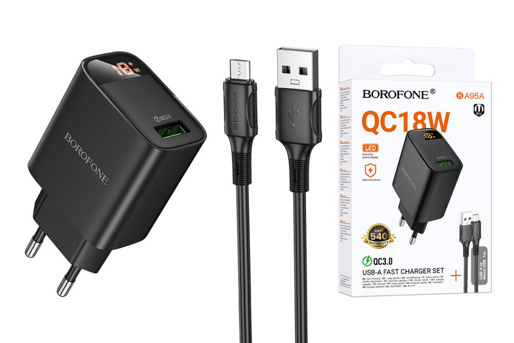 Сетевое зарядное устройство USB + кабель MicroUSB BOROFONE BA95A QC3.0 (черный)