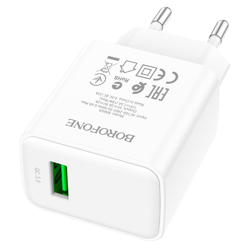 Сетевое зарядное устройство USB BOROFONE BA66A QC3.0 single port 3000mAh (белый)
