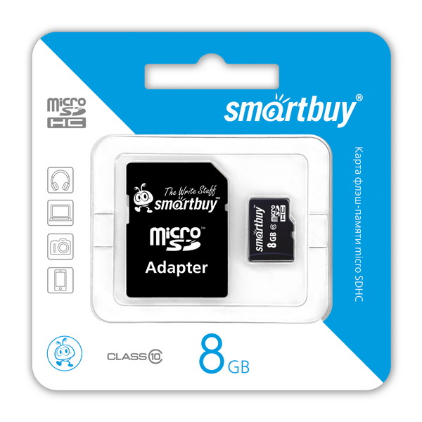 Карта памяти МicroSD SmartBuy 8 Гб 10 Class + адаптер