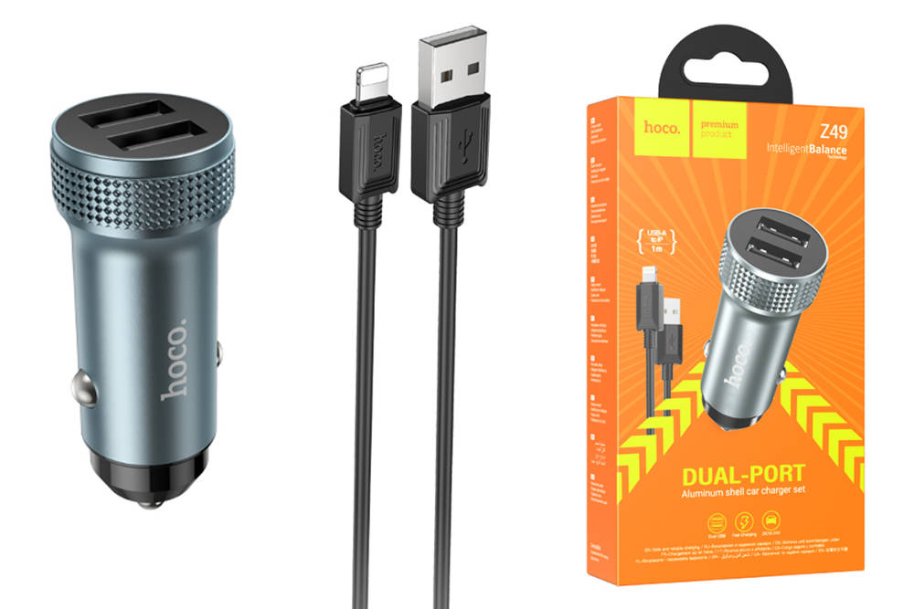 Автомобильное зарядное устройство АЗУ 2USB + кабель Lightning HOCO Z49 Level (серый)