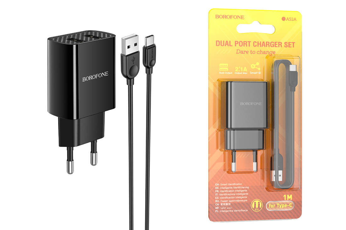 Сетевое зарядное устройство 2USB + кабель Type-C BOROFONE BA53A Powerway 2100 mAh (черный)
