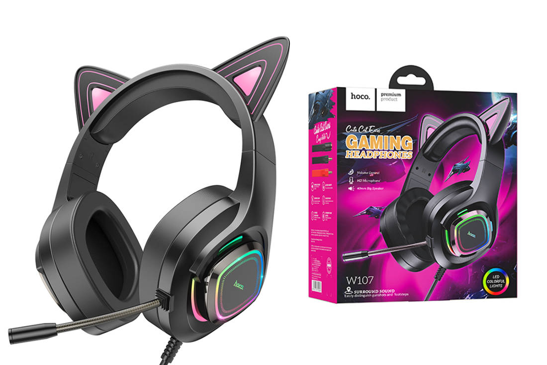 Наушники мониторные проводные HOCO W107 Cute cat luminous cat ear gaming headphones (Phantom Cat)