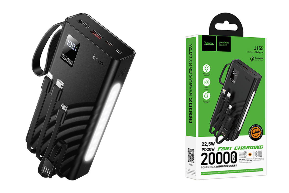 Универсальный дополнительный аккумулятор Power Bank HOCO J155 Shine 22.5W PD20W light 4-cable (20000