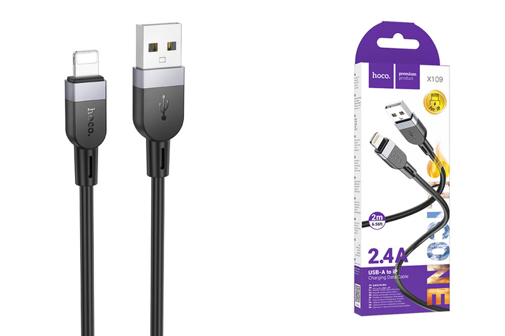 Кабель USB - Lightning HOCO X109, 2,4A (черный) 2м силиконовый