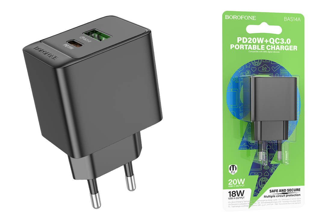 Сетевое зарядное устройство USB-C + USB BOROFONE BAS14A Erudite PD 20W + QC3.0 (черный)