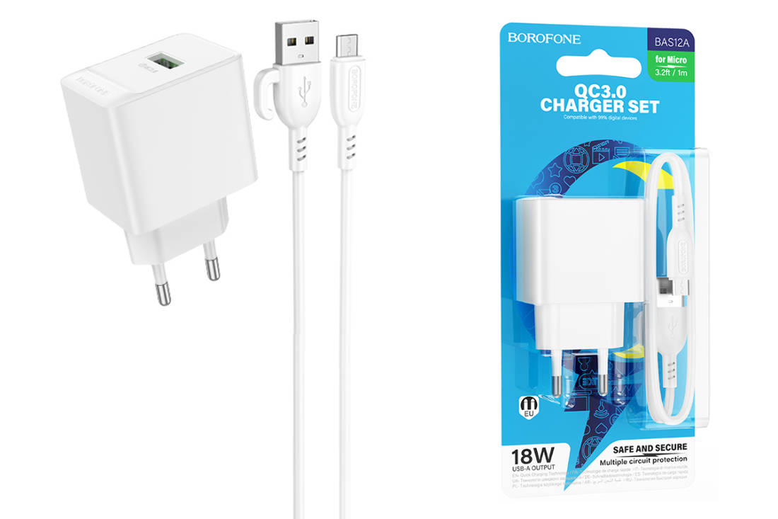 Сетевое зарядное устройство USB + кабель MicroUSB BOROFONE BAS12A Erudite QC3.0 (белый)