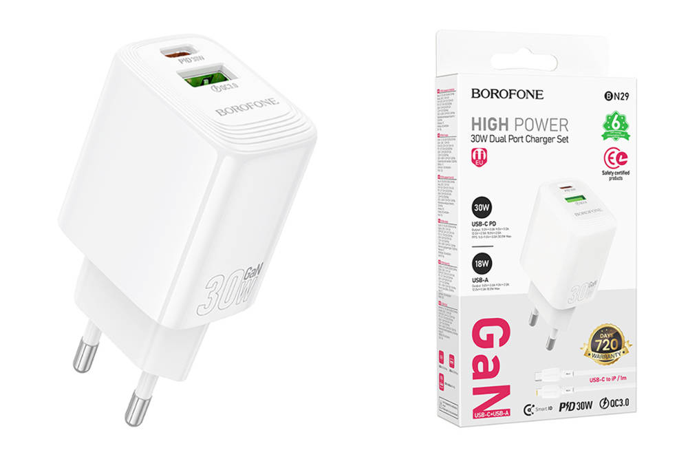 Сетевое зарядное устройство USB-C BOROFONE BN29 PD30W QC3.0 (белый)