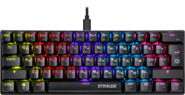 Клавиатура игровая Defender Striker GK-380L RU (черн.), USB, 61кл, механическая, радужная подсветка,