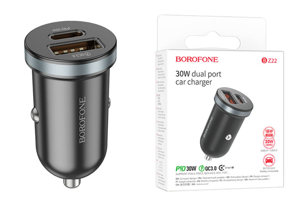 Автомобильное зарядное устройство АЗУ USB + USB-C BOROFONE BZ22  PD30W + QC3.0 (черный)