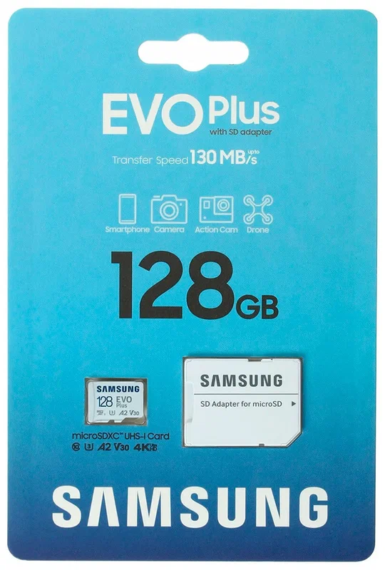 Карта памяти MicroSD Samsung Evo Plus 128GB cl10 UHS-I U3 + SD, MB-MC128KA/EU