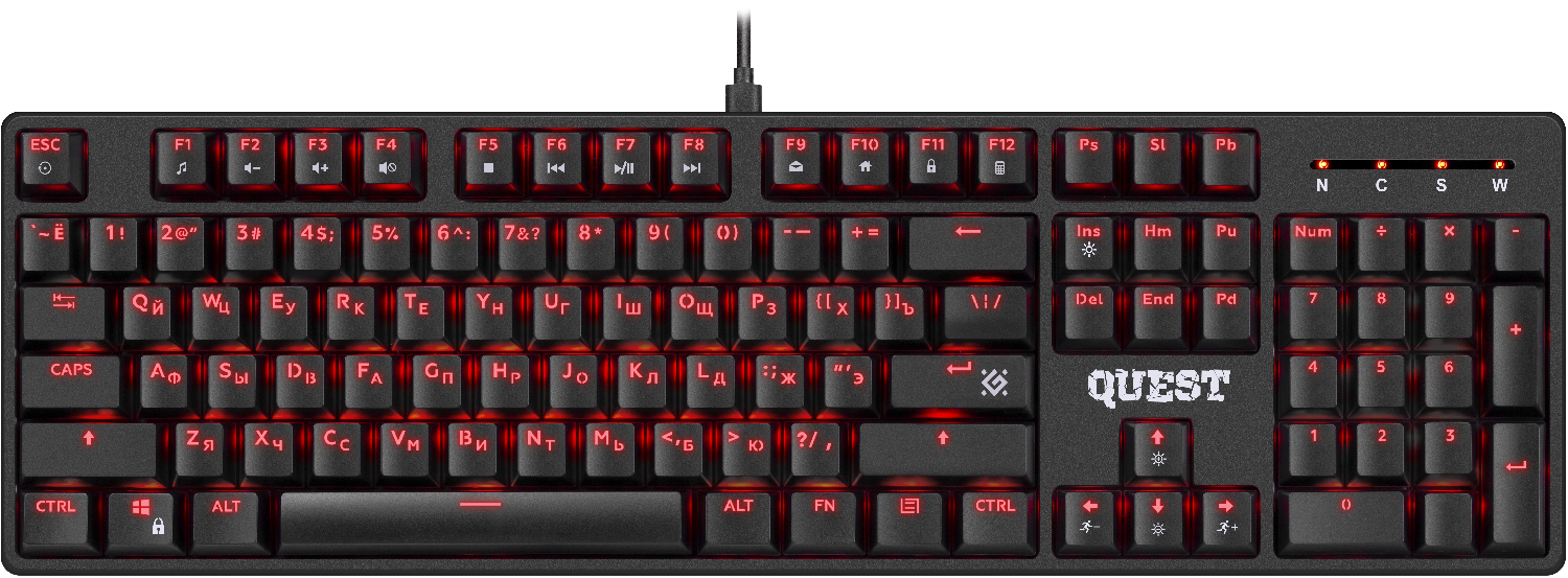 Клавиатура механическая Defender Quest GK-596 RU (черн.), USB, подсветка, красные свитчи, box-10 455