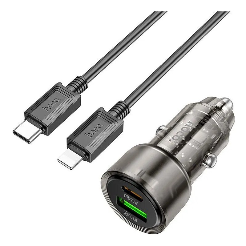 Автомобильное зарядное устройство USB + USB-C + кабель Lightning HOCO Z52 Level PD38W+QC3.0 (чер