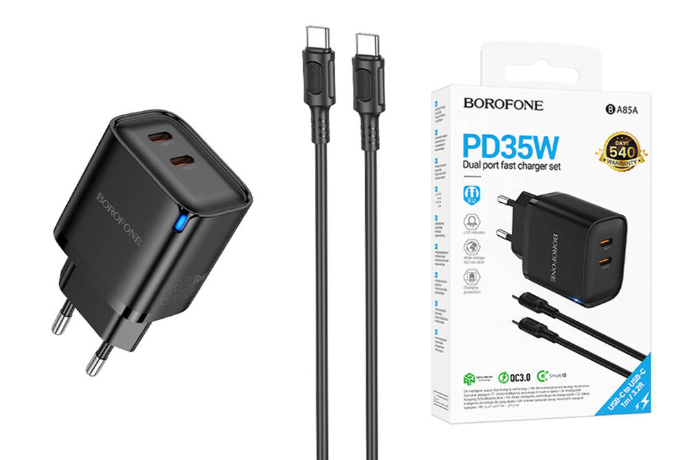 Сетевое зарядное устройство USB-C+ кабель Type-C - Type-C BOROFONE BA85A PD35W (черный)