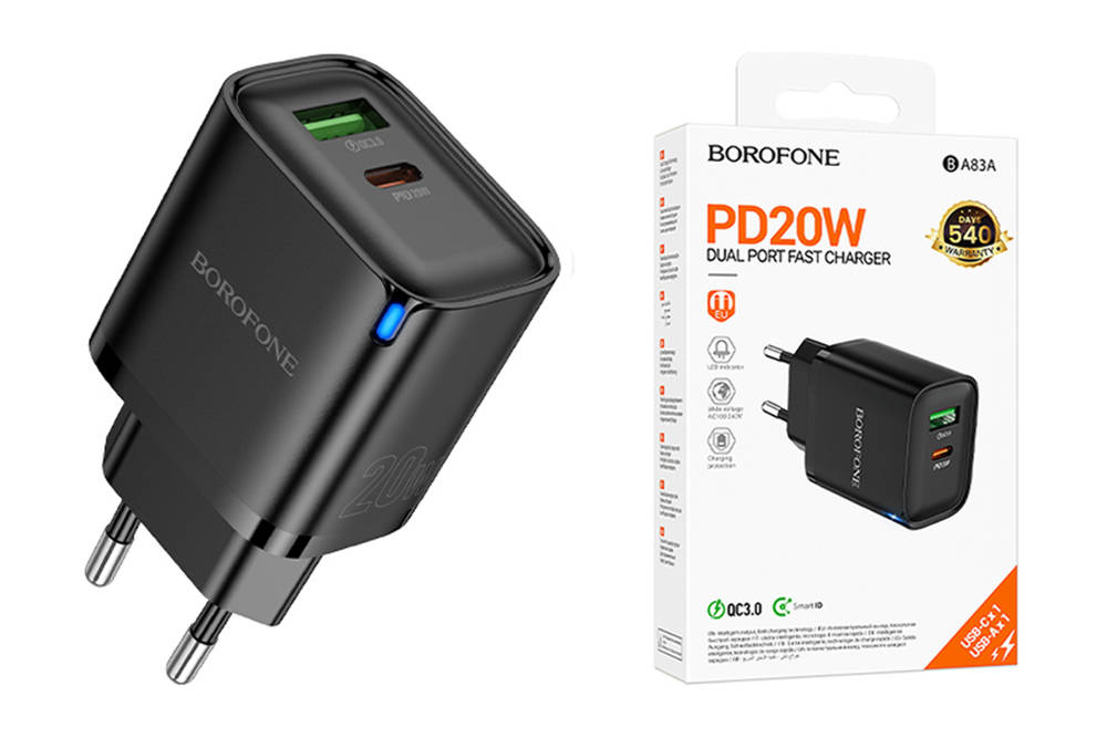 Сетевое зарядное устройство USB-C BOROFONE BA83A PD20W QC3.0 (черный)