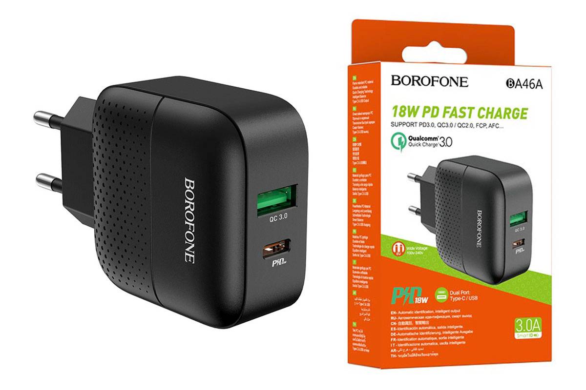 Сетевое зарядное устройство USB + USB-C BOROFONE BA46A Premium PD+ QC 3.0 (черный)