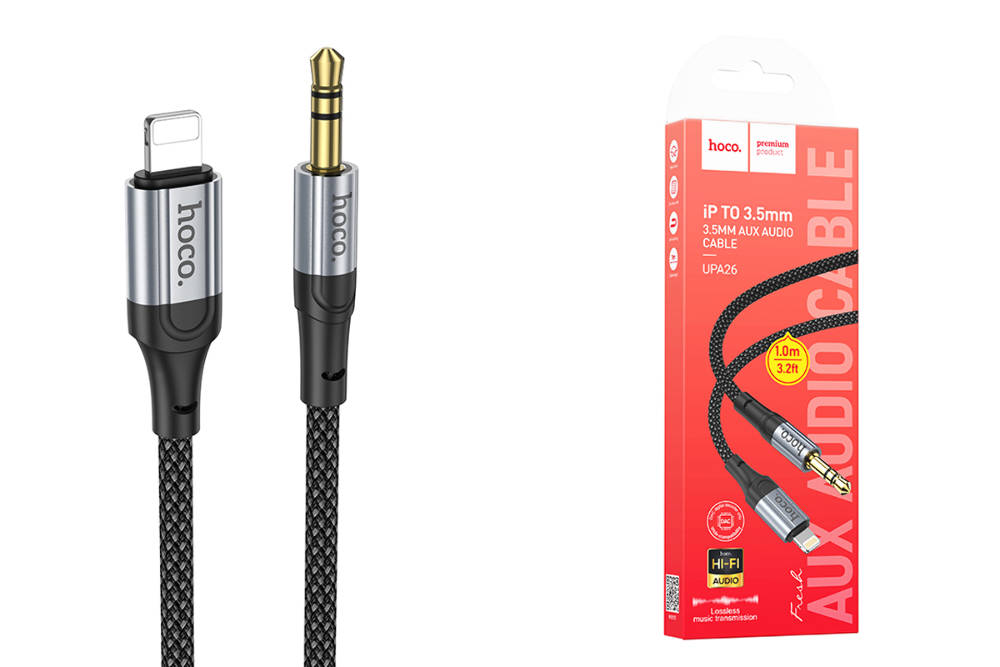 Кабель аудио HOCO UPA26 (штекер Lightning - вход AUX 3.5 mm) (черный) 1м